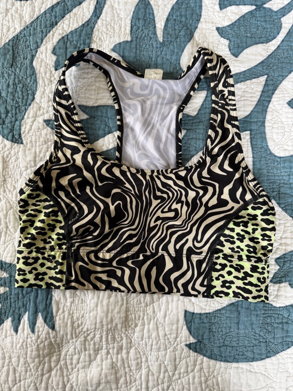 Fabletics Black and Cream Zebra-Print Sports Bra with Green Leopard Panels